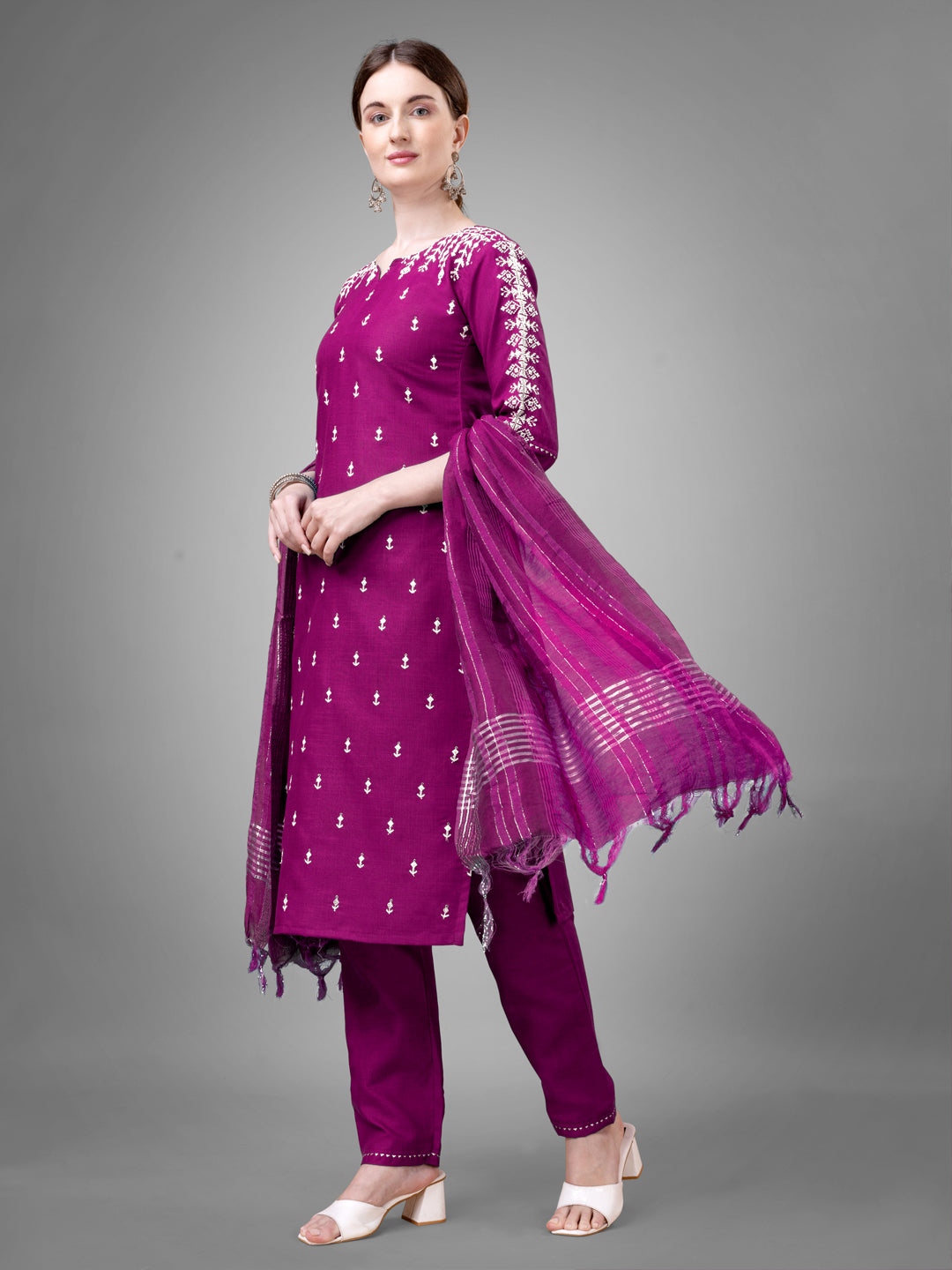 Women Cotton Blend Embroidery Work Stitched Purple Kurti Set With Silk Blend Multicolor Dupatta