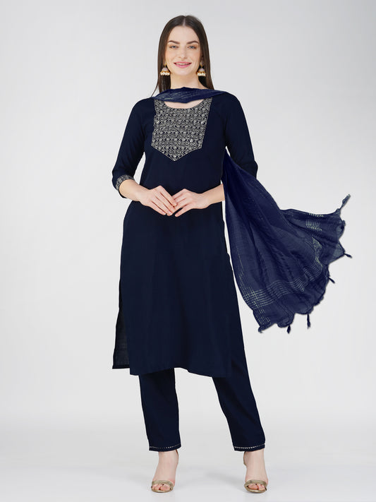 Women Cotton Blend Embroidery Work Stitched Navy Blue Kurti Set With Silk Blend Multicolor Dupatta