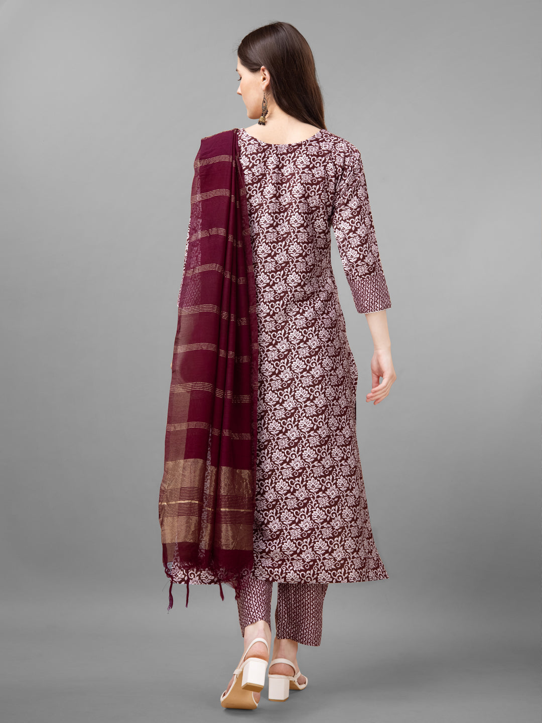 Women Rayon Embroidery Work Stitched Maroon Kurti Set With Silk Blend Multicolor Dupatta