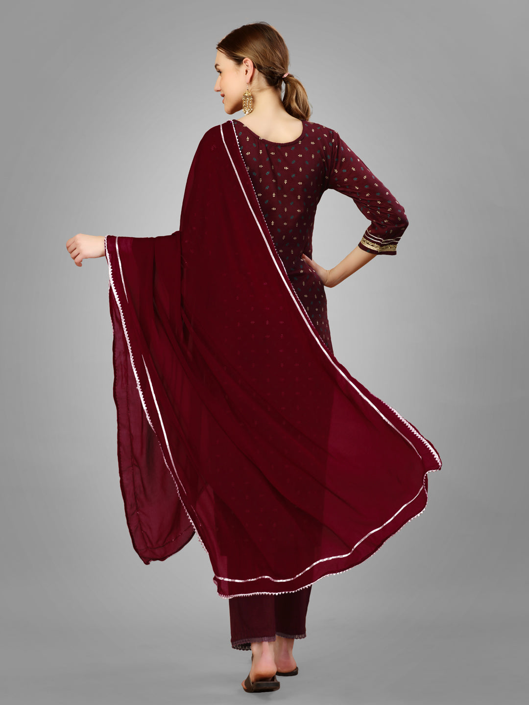 Women Silk Blend Embroidery Work Stitched Maroon Kurti Set With Silk Blend Multicolor Dupatta