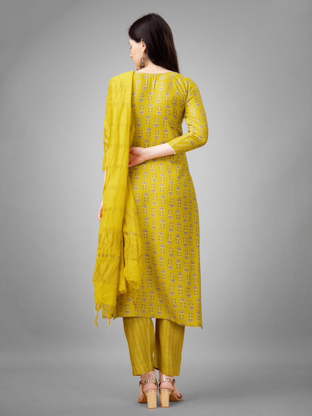 Women Rayon Embroidery Work Stitched Yellow Kurti Set With Silk Blend Multicolor Dupatta