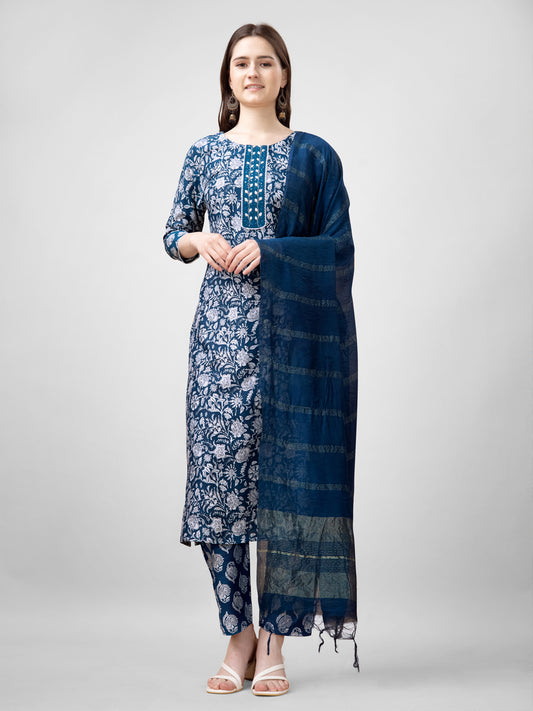 Women Rayon Embroidery Work Stitched Blue Kurti Set With Silk Blend Multicolor Dupatta