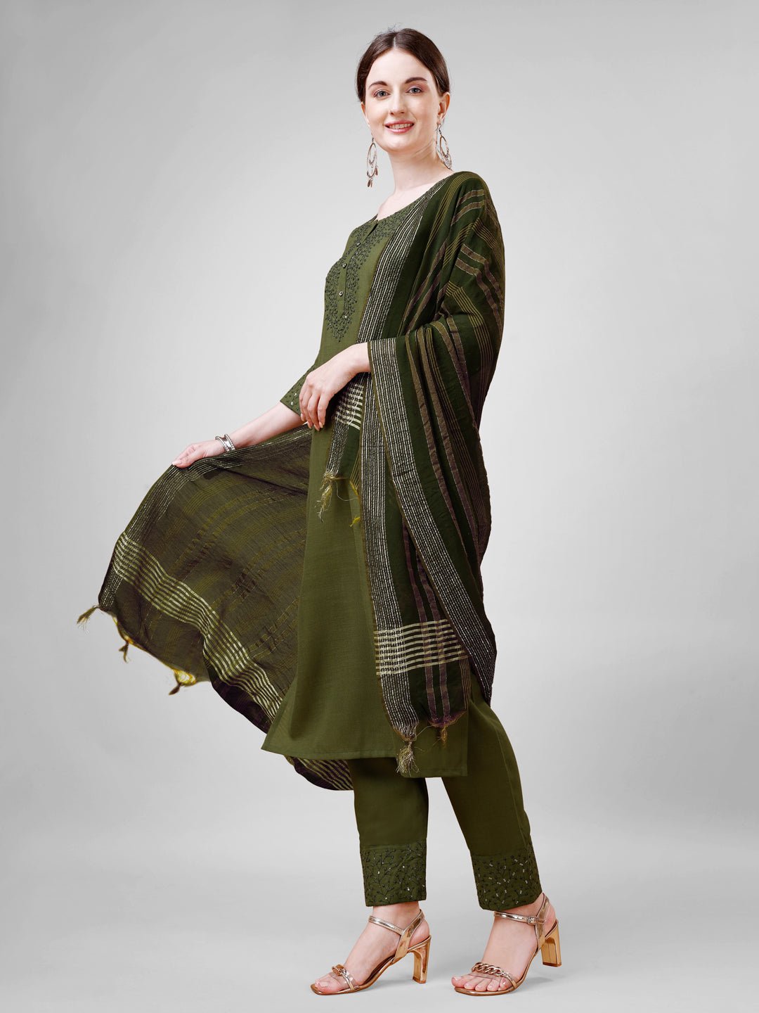 Women Cotton Blend Embroidery Work Stitched Mehendi Kurti Set With Silk Blend Multicolor Dupatta