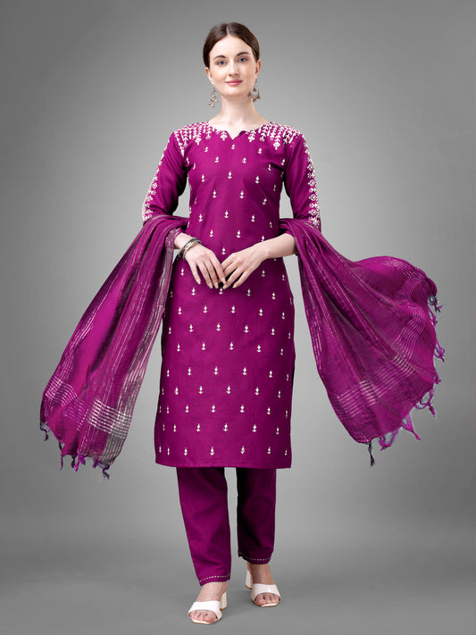 Women Cotton Blend Embroidery Work Stitched Purple Kurti Set With Silk Blend Multicolor Dupatta