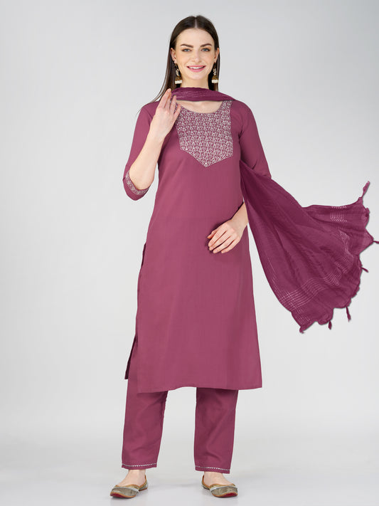 Women Cotton Blend Embroidery Work Stitched Wine Kurti Set With Silk Blend Multicolor Dupatta