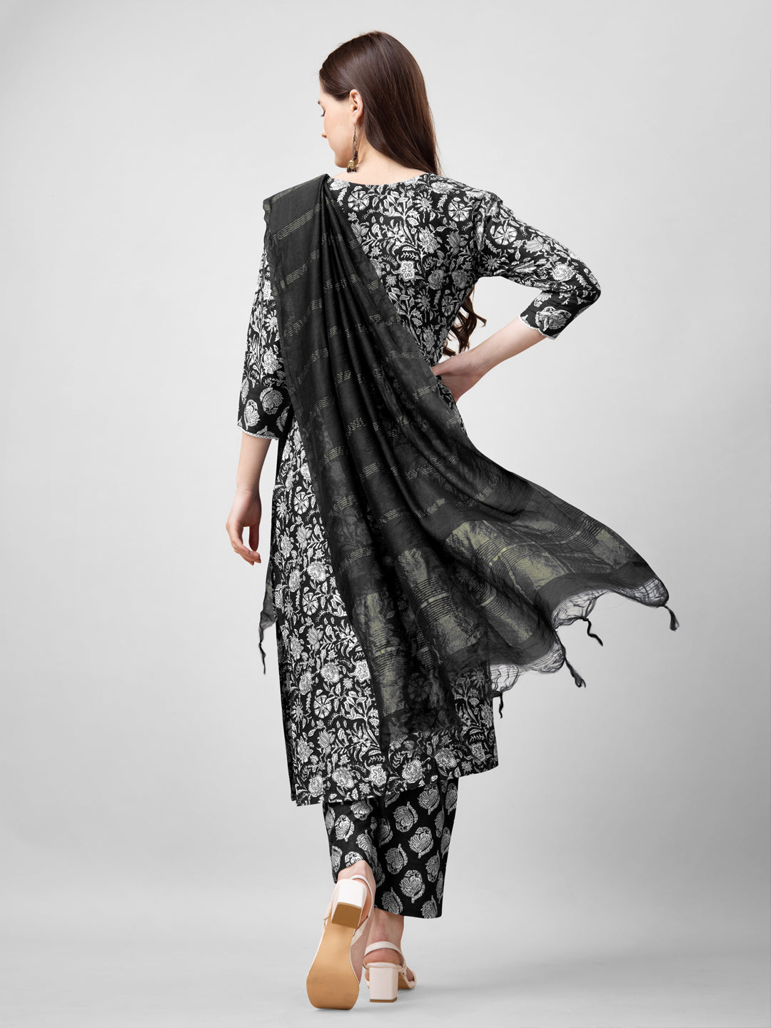 Women Rayon Embroidery Work Stitched Black Kurti Set With Silk Blend Multicolor Dupatta