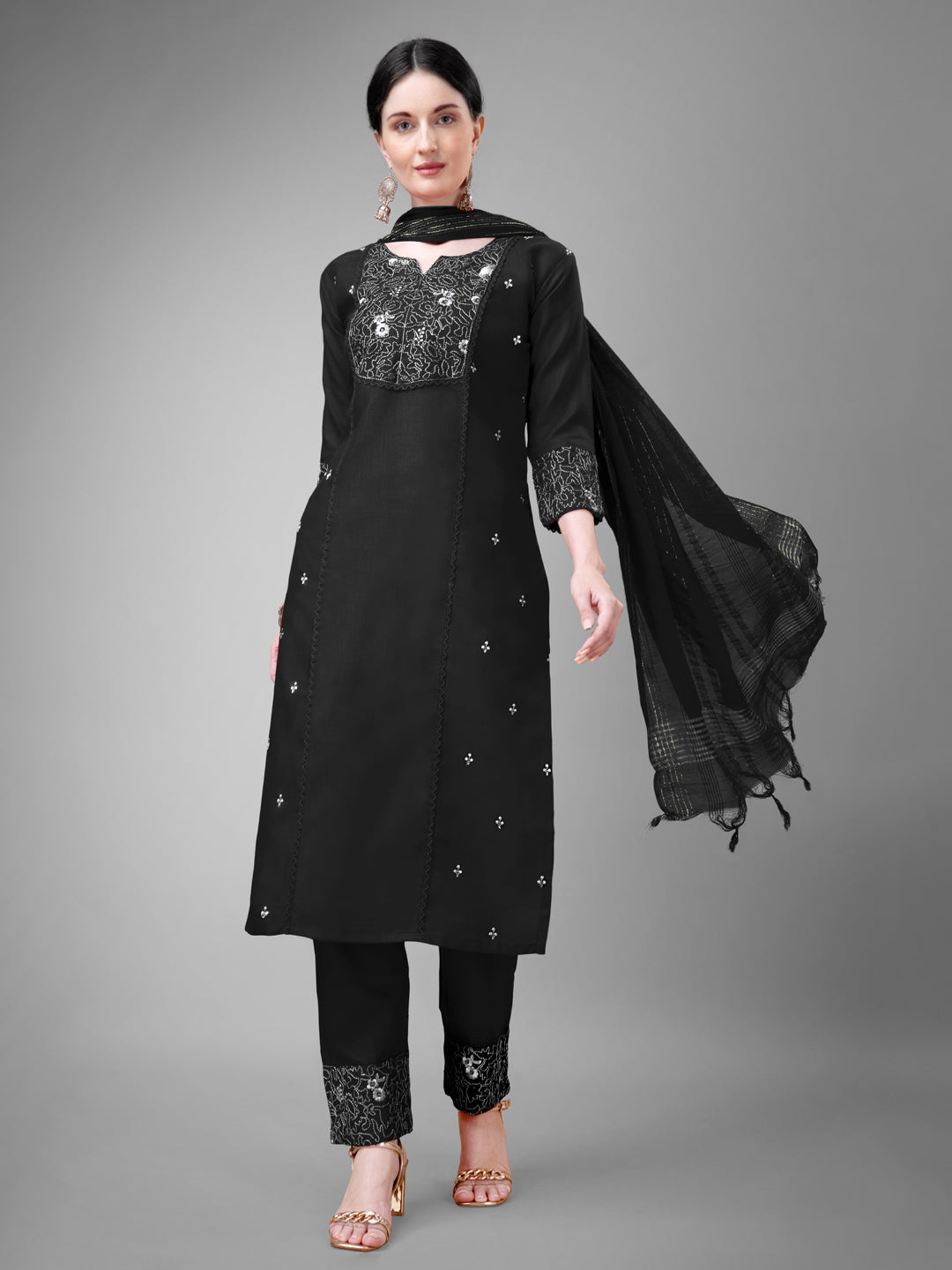 Women Cotton Blend Embroidery Work Stitched Black Kurti Set With Silk Blend Multicolor Dupatta