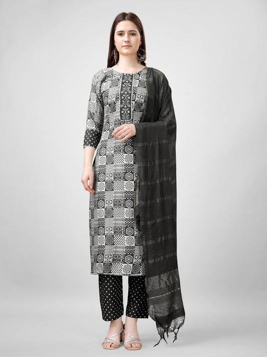 Women Rayon Embroidery Work Stitched Black Kurti Set With Silk Blend Multicolor Dupatta