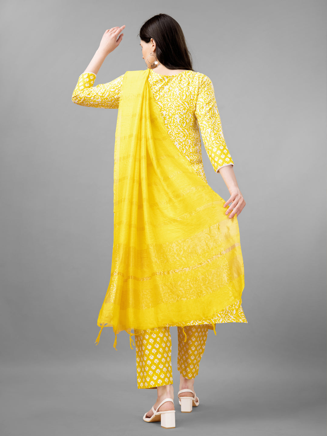 Women Rayon Embroidery Work Stitched Yellow Kurti Set With Silk Blend Multicolor Dupatta