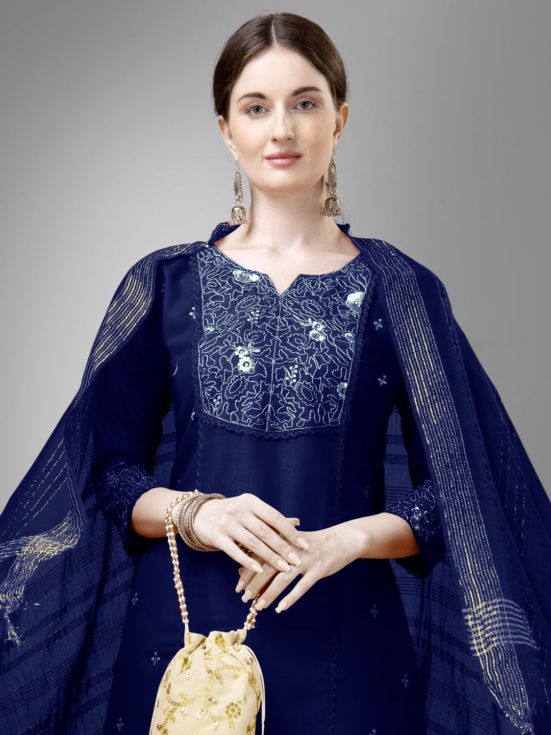 Women Cotton Blend Embroidery Work Stitched Navy Blue Kurti Set With Silk Blend Multicolor Dupatta