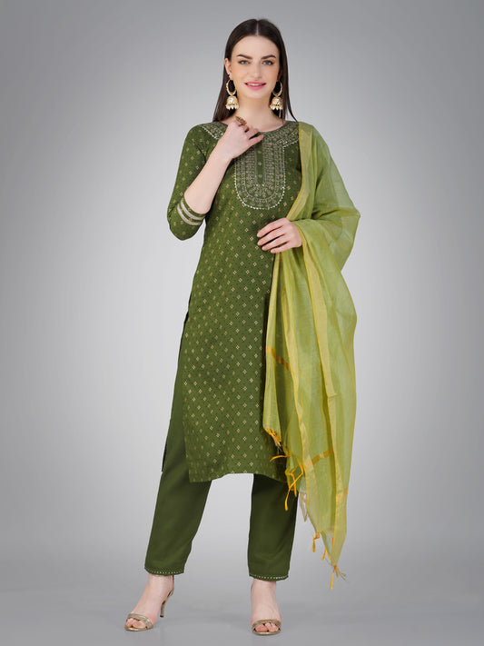 Women Cotton Blend Embroidery Work Stitched Mehendi Kurti Set With Silk Blend Multicolor Dupatta