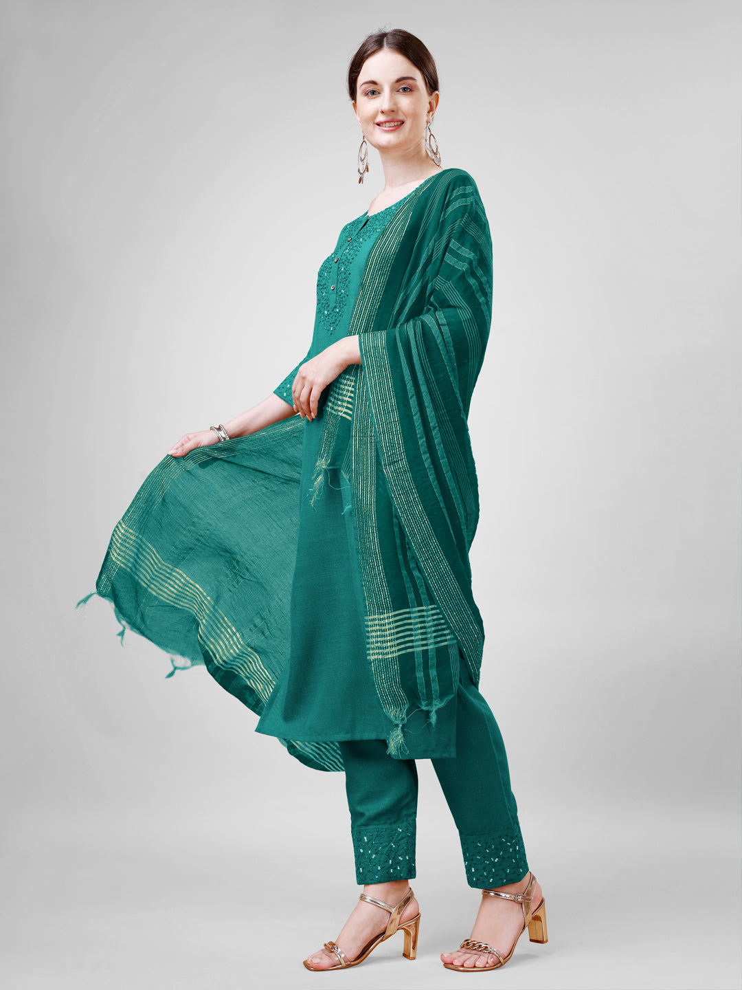 Women Cotton Blend Embroidery Work Stitched Rama Kurti Set With Silk Blend Multicolor Dupatta