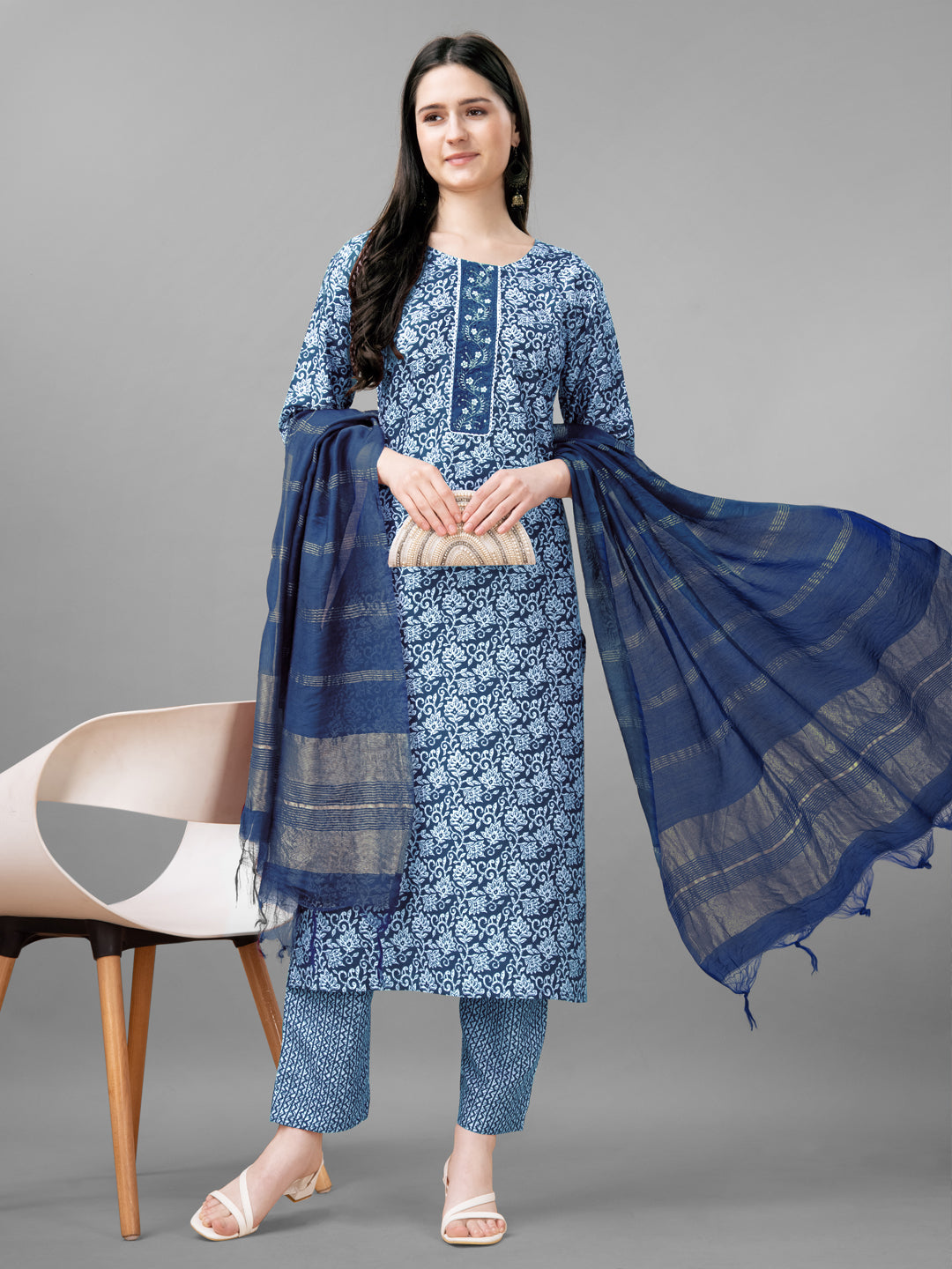 Women Rayon Embroidery Work Stitched Light Blue Kurti Set With Silk Blend Multicolor Dupatta