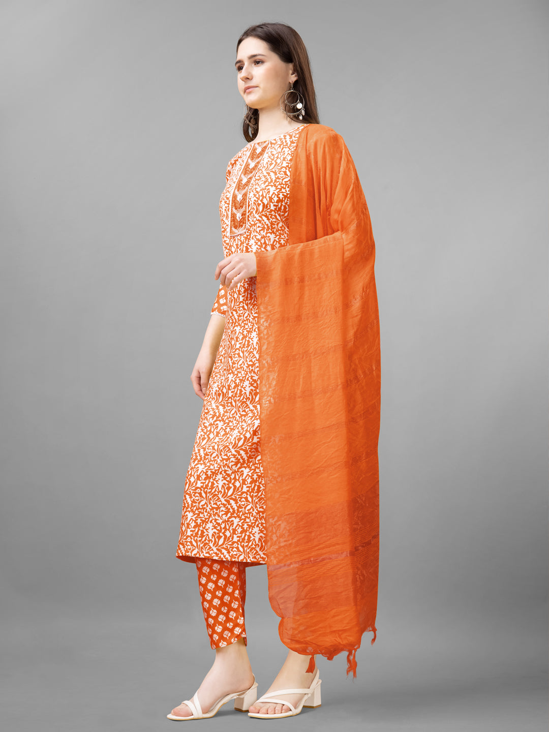 Women Rayon Embroidery Work Stitched Orange Kurti Set With Silk Blend Multicolor Dupatta