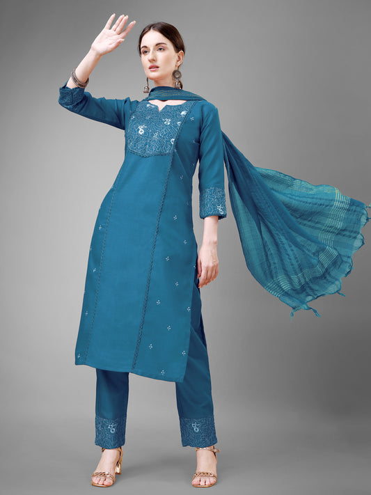 Women Cotton Blend Embroidery Work Stitched Morpich Kurti Set With Silk Blend Multicolor Dupatta