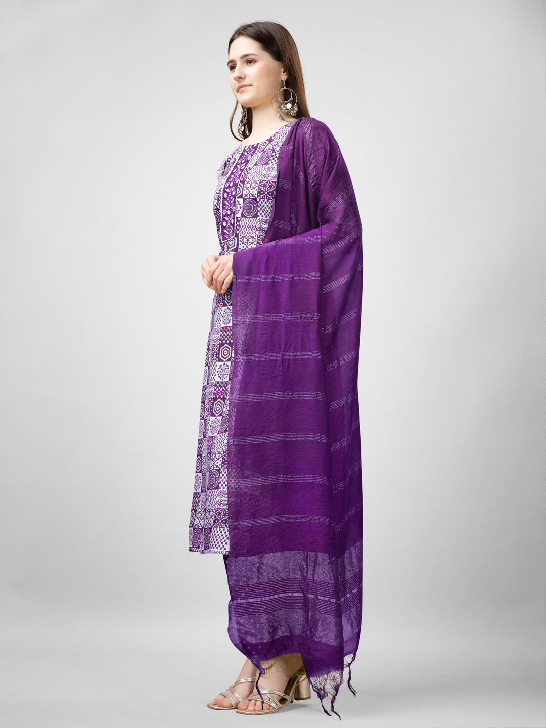 Women Rayon Embroidery Work Stitched Purple Kurti Set With Silk Blend Multicolor Dupatta