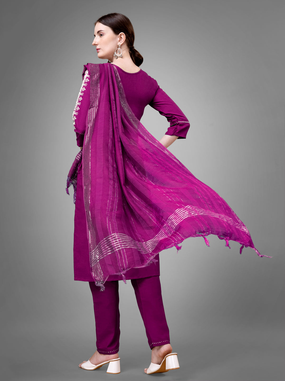 Women Cotton Blend Embroidery Work Stitched Purple Kurti Set With Silk Blend Multicolor Dupatta