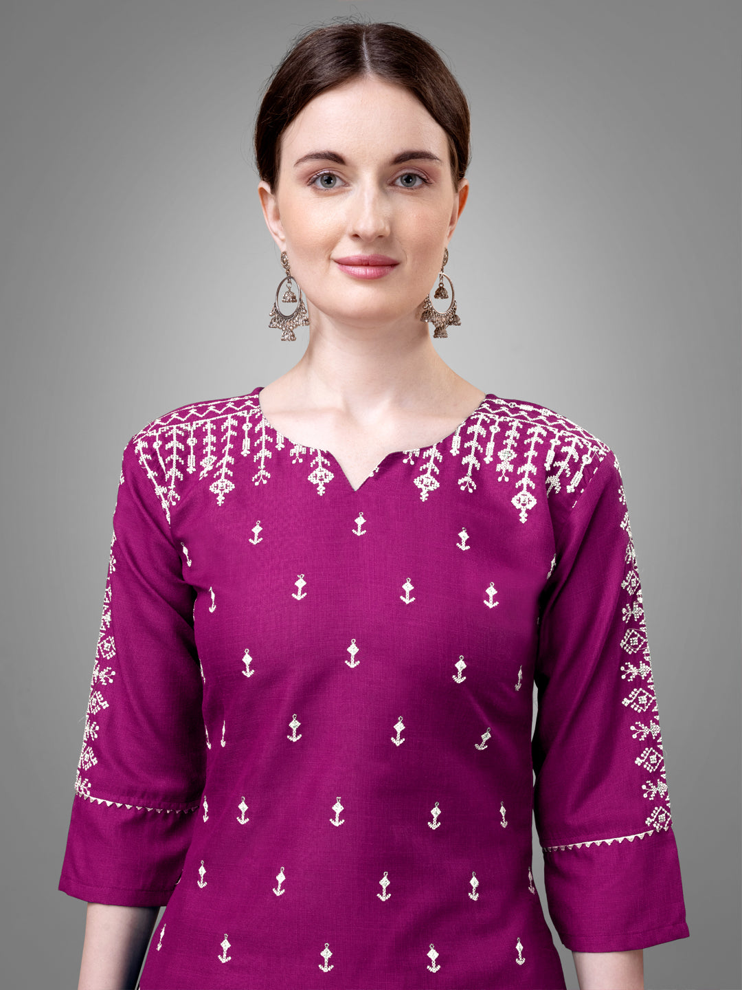 Women Cotton Blend Embroidery Work Stitched Purple Kurti Set With Silk Blend Multicolor Dupatta