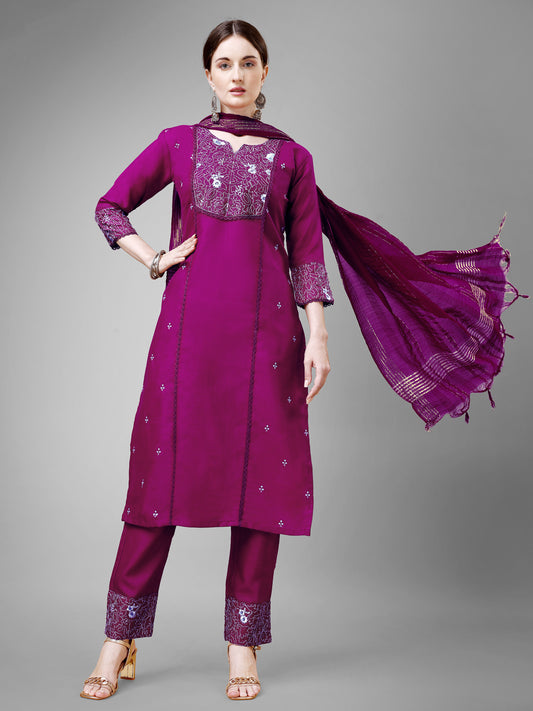 Women Cotton Blend Embroidery Work Stitched Purple Kurti Set With Silk Blend Multicolor Dupatta