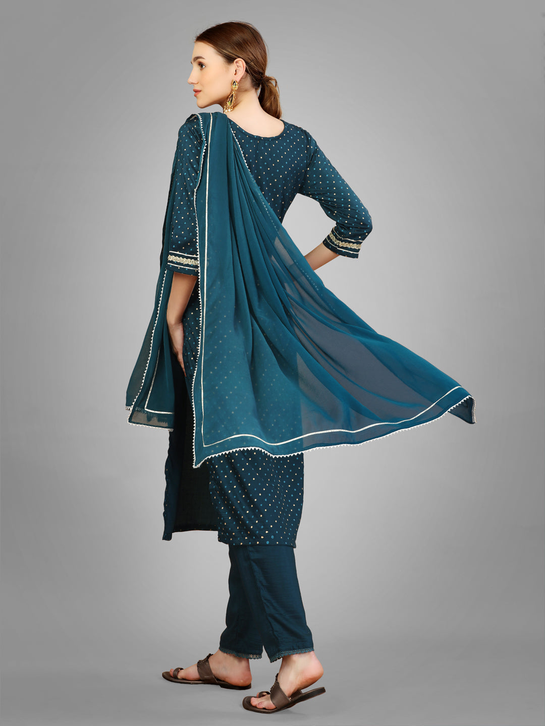 Women Silk Blend Embroidery Work Stitched Morpich Kurti Set With Silk Blend Multicolor Dupatta