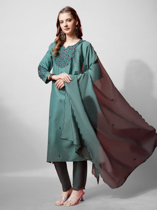 Women Cotton Blend Embroidery Work Stitched Teal Kurti Set With Silk Blend Multicolor Dupatta