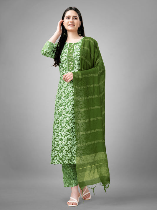 Women Rayon Embroidery Work Stitched Green Kurti Set With Silk Blend Multicolor Dupatta