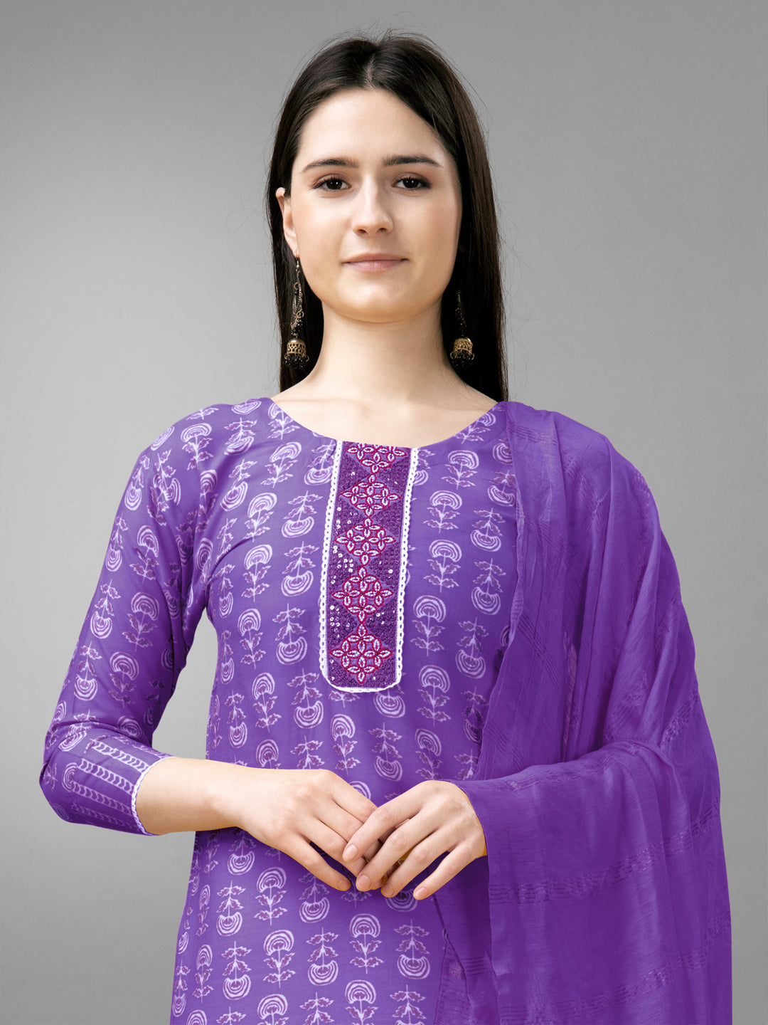 Women Rayon Embroidery Work Stitched Purple Kurti Set With Silk Blend Multicolor Dupatta