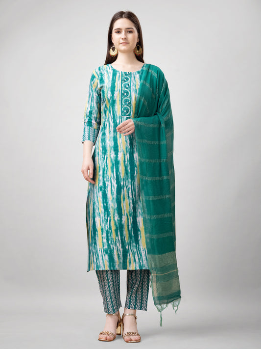 Women Rayon Embroidery Work Stitched Green Kurti Set With Silk Blend Multicolor Dupatta