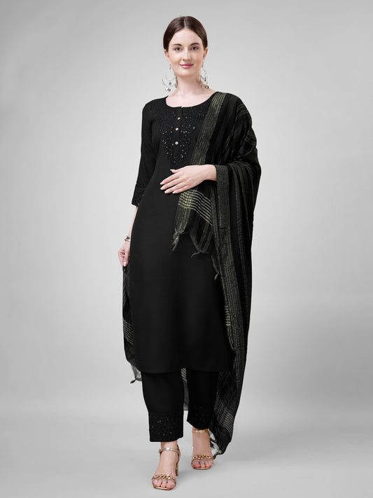 Women Cotton Blend Embroidery Work Stitched Black Kurti Set With Silk Blend Multicolor Dupatta