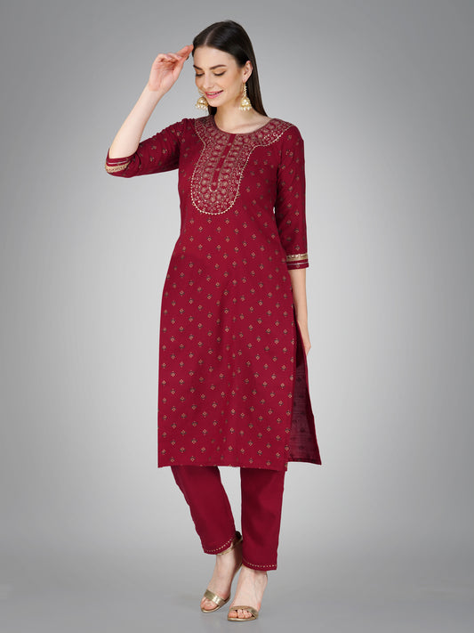 Women Cotton Blend Embroidery Work Stitched Maroon Kurti Set With Silk Blend Multicolor Dupatta