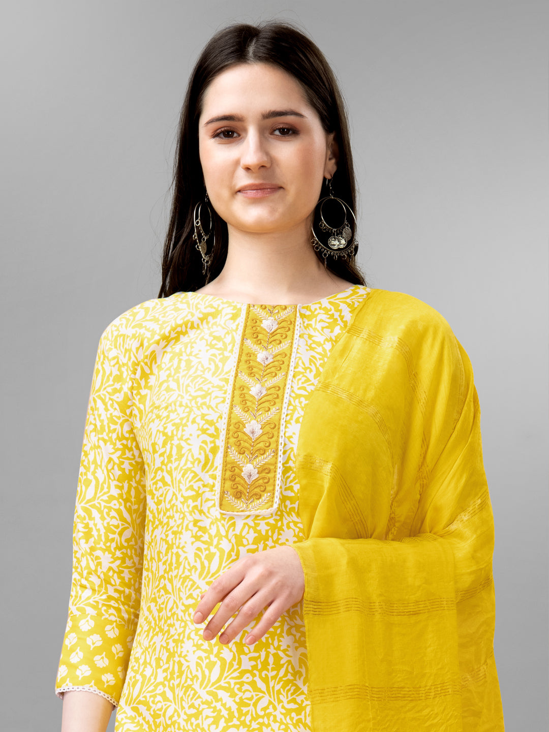 Women Rayon Embroidery Work Stitched Yellow Kurti Set With Silk Blend Multicolor Dupatta