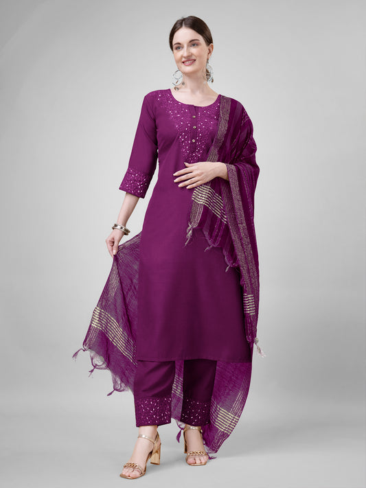 Women Cotton Blend Embroidery Work Stitched Purple Kurti Set With Silk Blend Multicolor Dupatta