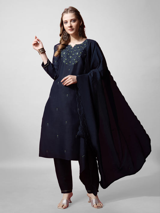 Women Cotton Blend Embroidery Work Stitched Navy Blue Kurti Set With Silk Blend Multicolor Dupatta