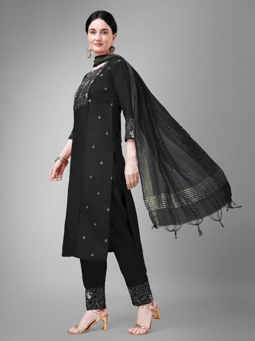 Women Cotton Blend Embroidery Work Stitched Black Kurti Set With Silk Blend Multicolor Dupatta