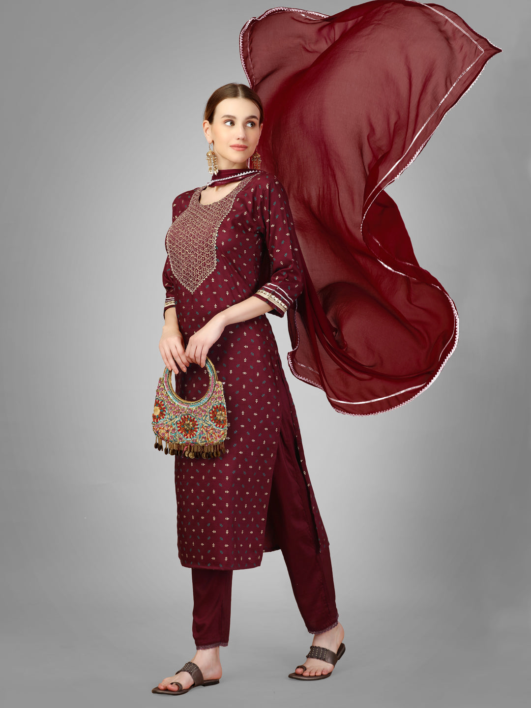 Women Silk Blend Embroidery Work Stitched Maroon Kurti Set With Silk Blend Multicolor Dupatta