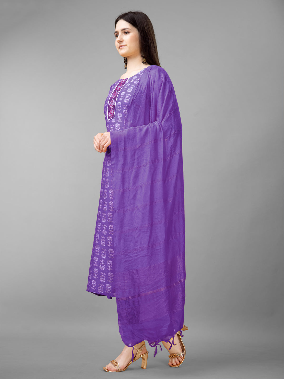 Women Rayon Embroidery Work Stitched Purple Kurti Set With Silk Blend Multicolor Dupatta