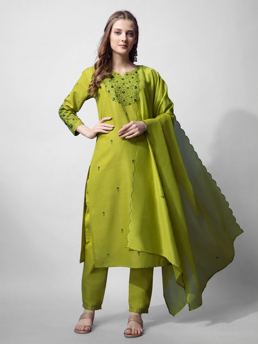 Women Cotton Blend Embroidery Work Stitched Parrot Kurti Set With Silk Blend Multicolor Dupatta