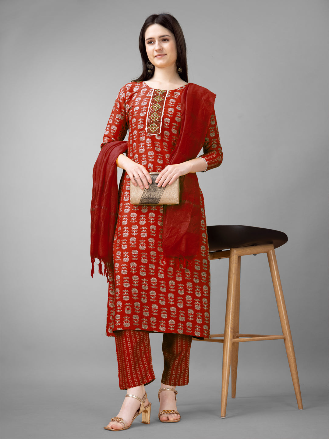 Women Rayon Embroidery Work Stitched Maroon Kurti Set With Silk Blend Multicolor Dupatta