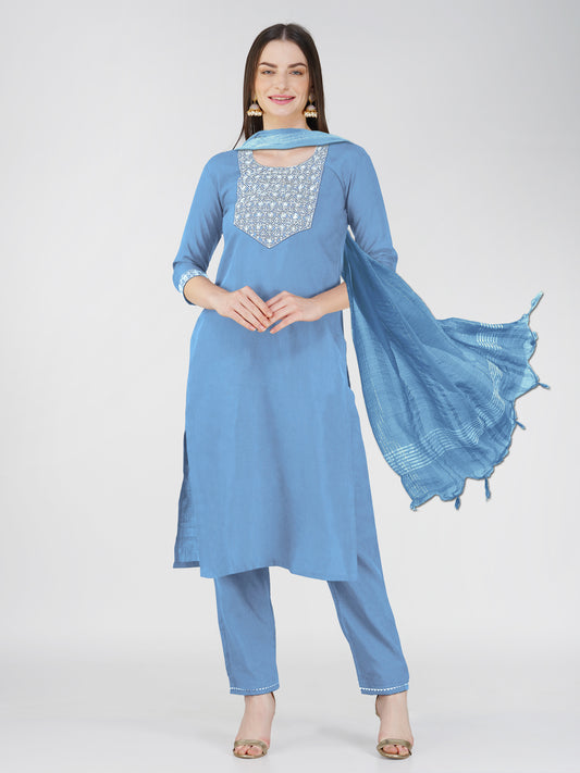 Women Cotton Blend Embroidery Work Stitched Sky Blue Kurti Set With Silk Blend Multicolor Dupatta