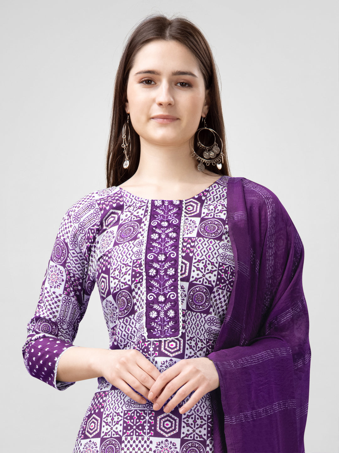 Women Rayon Embroidery Work Stitched Purple Kurti Set With Silk Blend Multicolor Dupatta