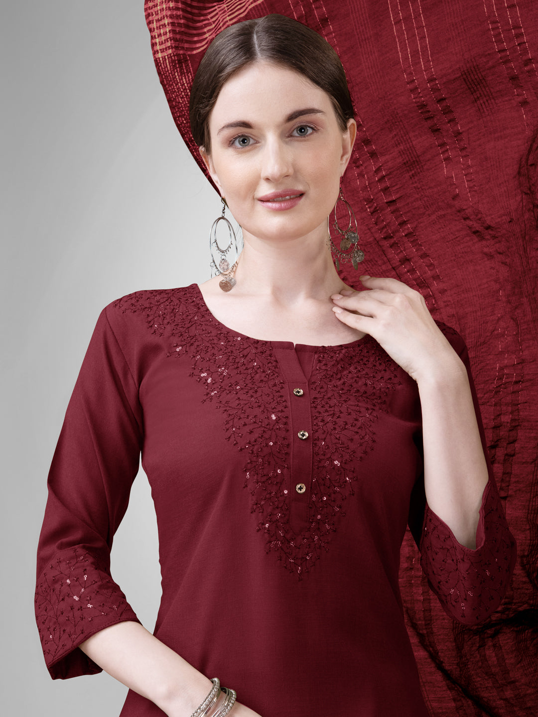 Women Cotton Blend Embroidery Work Stitched Maroon Kurti Set With Silk Blend Multicolor Dupatta