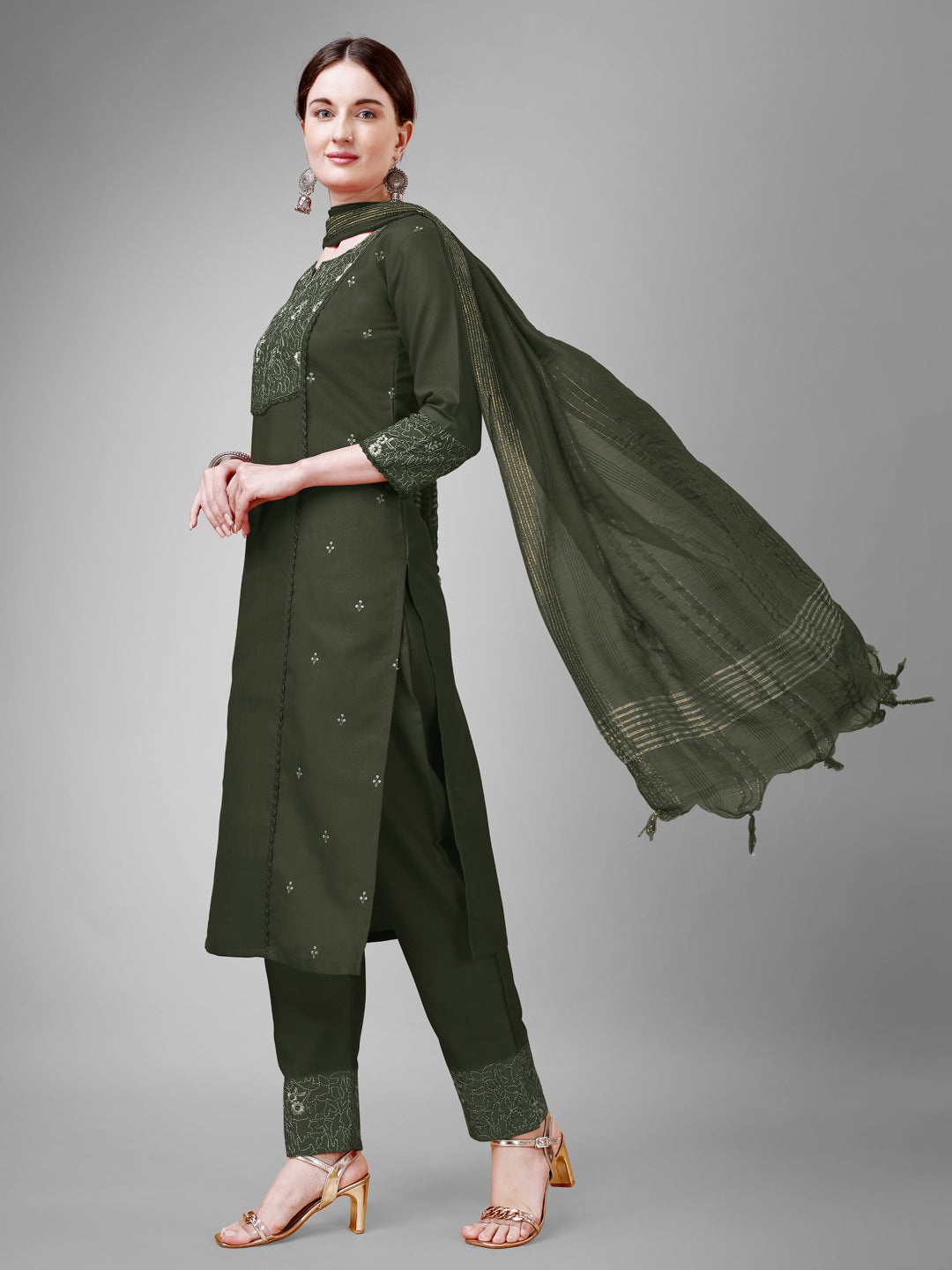 Women Cotton Blend Embroidery Work Stitched Dark Green Kurti Set With Silk Blend Multicolor Dupatta