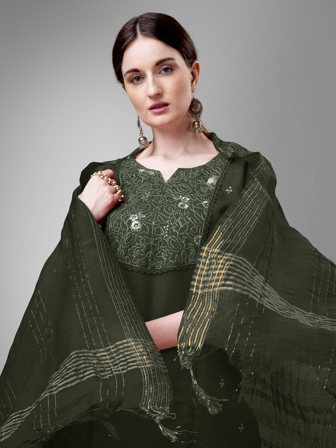 Women Cotton Blend Embroidery Work Stitched Dark Green Kurti Set With Silk Blend Multicolor Dupatta