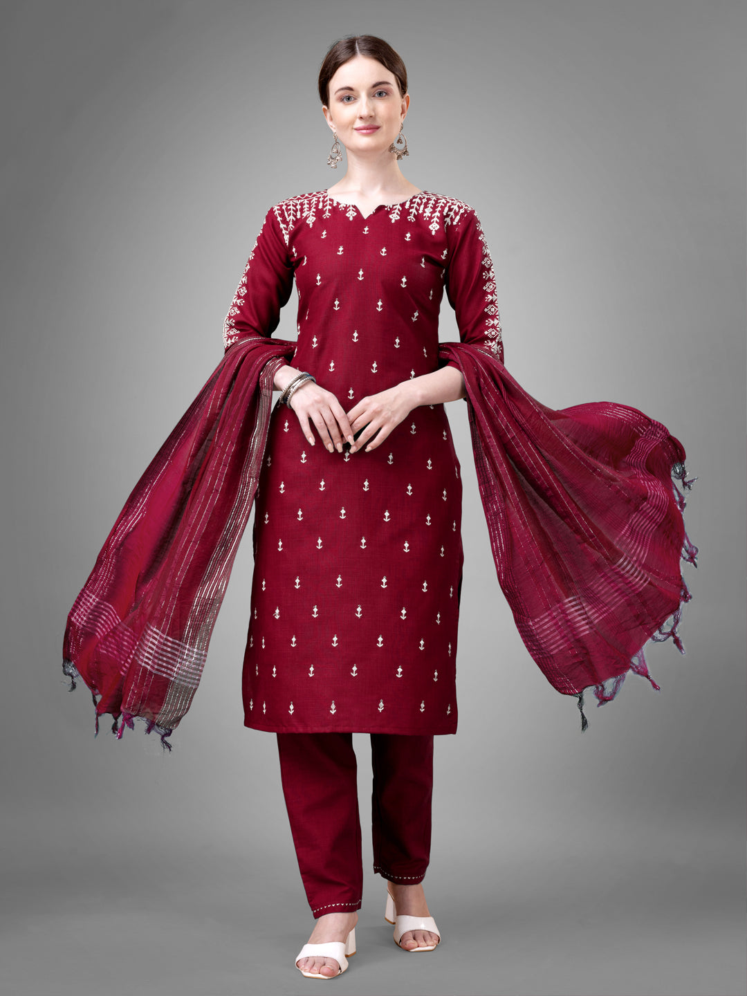 Women Cotton Blend Embroidery Work Stitched Maroon Kurti Set With Silk Blend Multicolor Dupatta