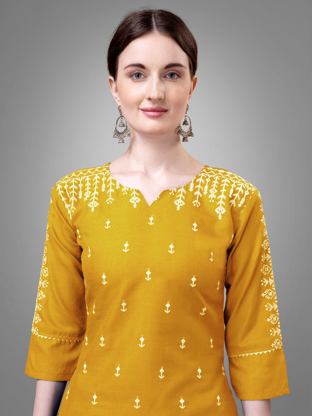 Women Cotton Blend Embroidery Work Stitched Yellow Kurti Set With Silk Blend Multicolor Dupatta