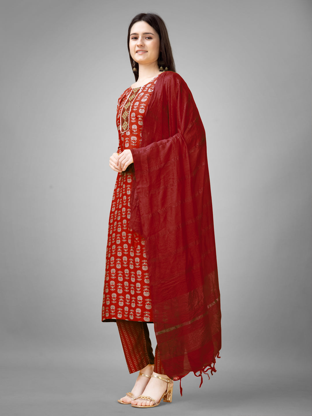 Women Rayon Embroidery Work Stitched Maroon Kurti Set With Silk Blend Multicolor Dupatta