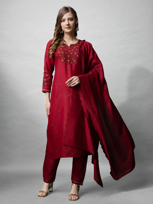 Women Cotton Blend Embroidery Work Stitched Maroon Kurti Set With Silk Blend Multicolor Dupatta