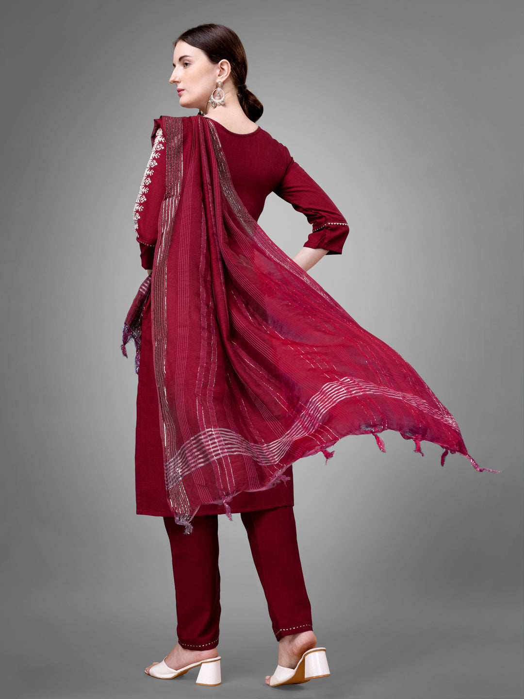 Women Cotton Blend Embroidery Work Stitched Maroon Kurti Set With Silk Blend Multicolor Dupatta