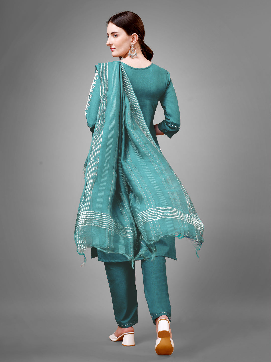 Women Cotton Blend Embroidery Work Stitched Teal Kurti Set With Silk Blend Multicolor Dupatta