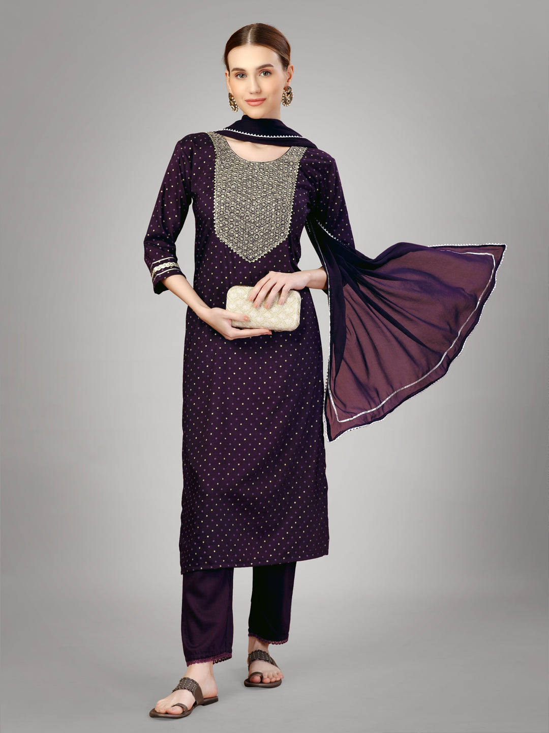 Women Silk Blend Embroidery Work Stitched Purple Kurti Set With Silk Blend Multicolor Dupatta